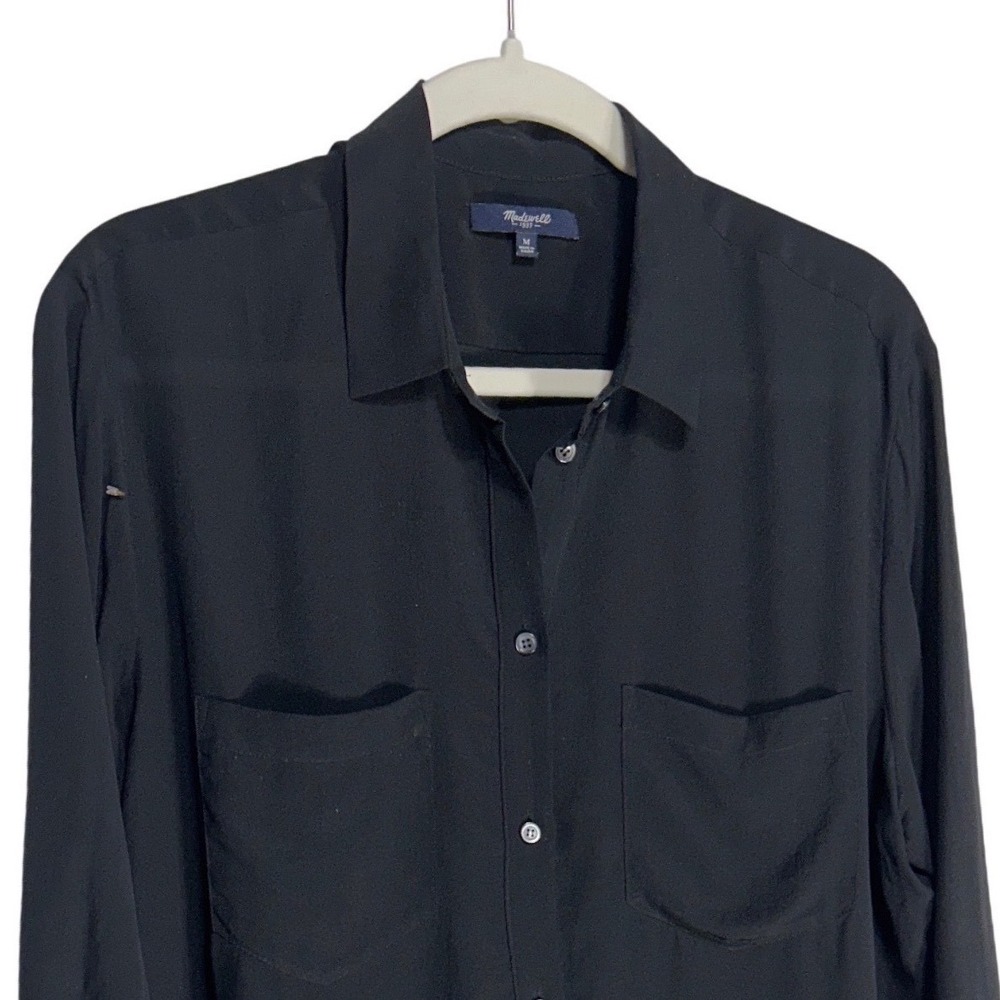 Madewell Black 100% Silk High Low Hem Button Down Pocket Shirt Women's Size M